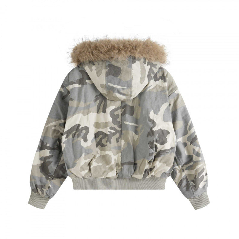 Women Short Boxy Bomber with Hood and Removable Faux Fur Trim Chichicherry