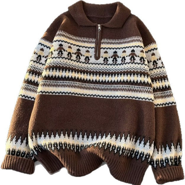 Damen Jacquard-Halbzip-Pullover mit Polokragen und Norweger‑Intarsie Chichicherry
