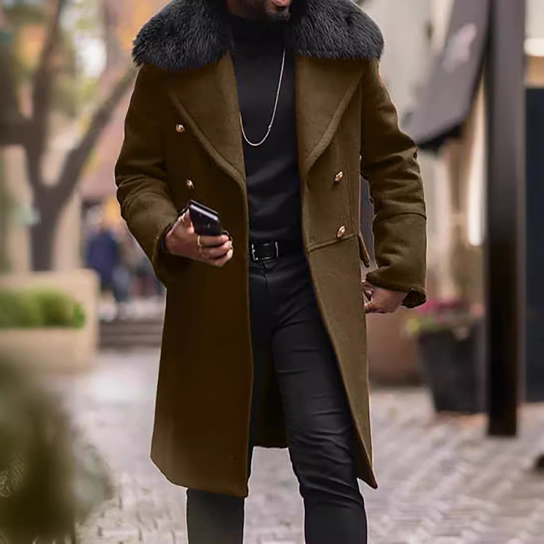 Men's Double-Breasted Wool Coat with Large Faux Fur Collar Chichicherry