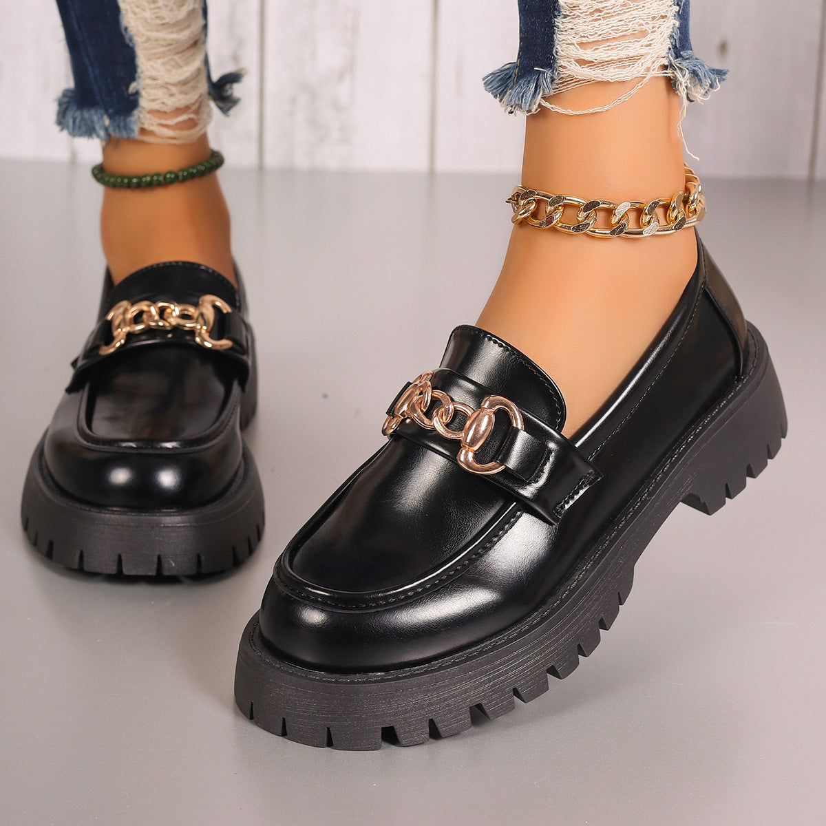 Women Chunky Platform Loafer with Metal Chain Detail and Profiled Rubber Sole Chichicherry