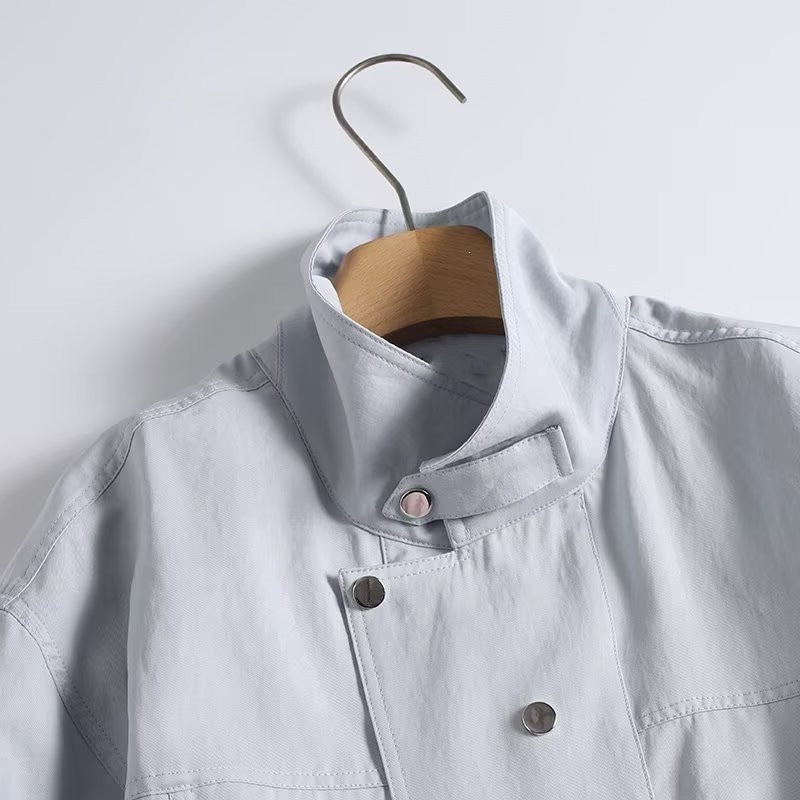 Women Light Oversized Blouse Jacket with Stand Collar and Concealed Snap Button Placket Chichicherry