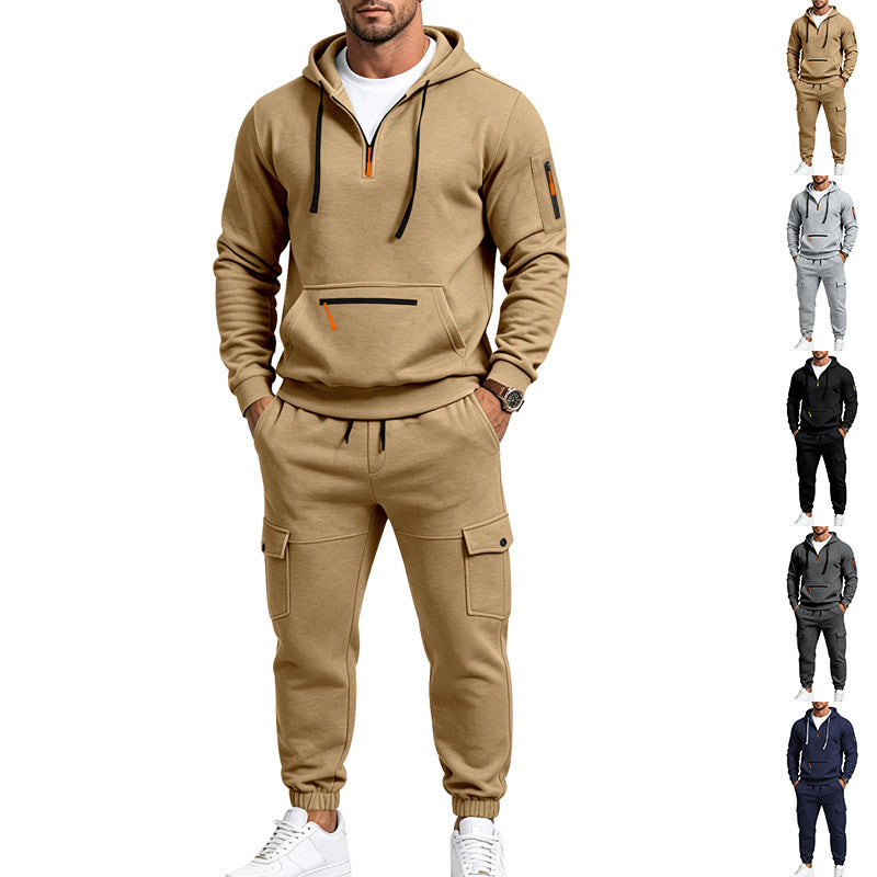Men's Cargo Jogging Set with Hood, Half Zipper and Multi Pockets Chichicherry
