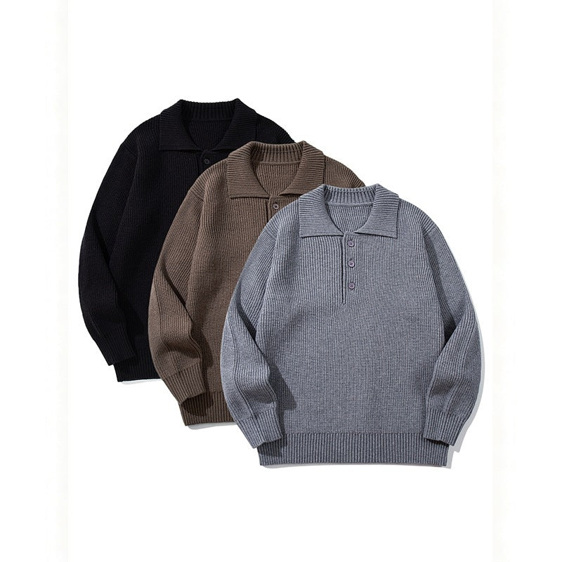 Men's fine-knit polo sweater with shirt collar, button placket, and ribbed hem Chichicherry