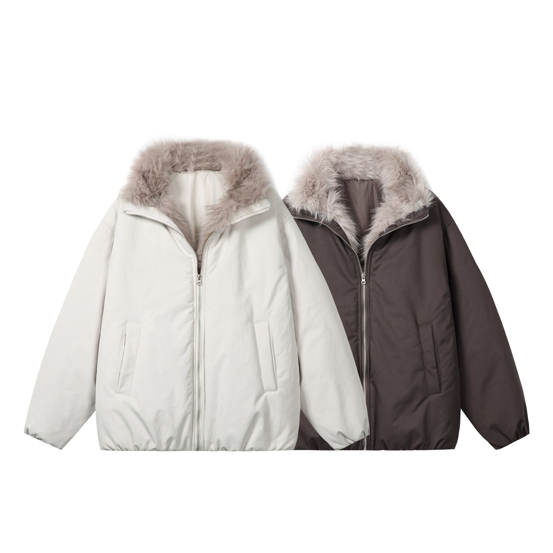 Women's short jacket in boxy cut with voluminous faux fur collar and two-way zipper Chichicherry