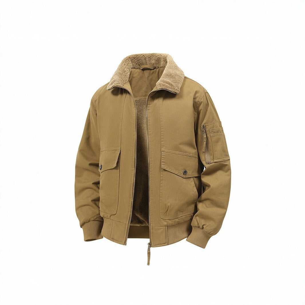 Men's Military Inspired Thermal Bomber Jacket with Teddy Lining, Arm Pocket and Snap Flap Pockets Chichicherry