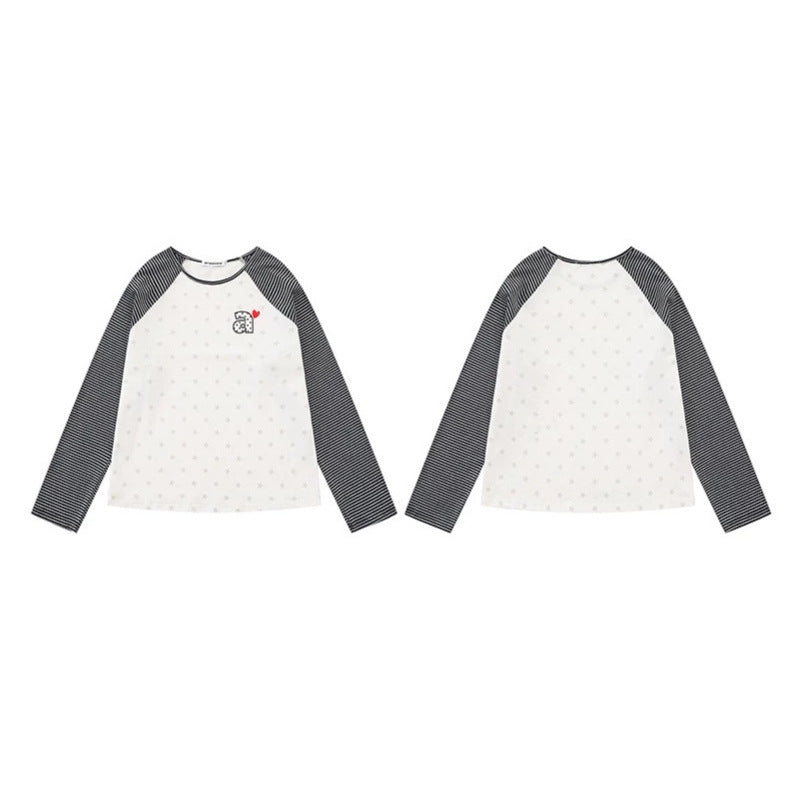 Women's raglan long sleeve shirt with striped sleeves, all-over stars and letter appliqué Chichicherry