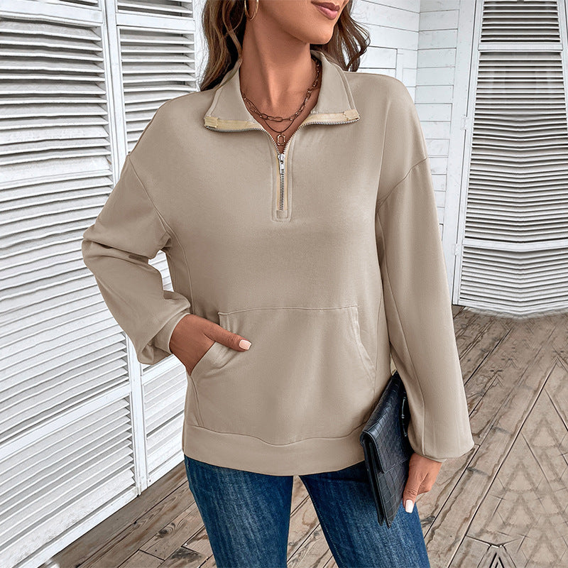 Women's Lightweight Half-Zip Sweatshirt in Relaxed Fit with Kangaroo Pocket and Stand-Up Collar Chichicherry