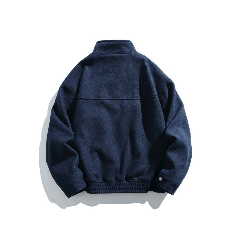 Men's short-cut boxy wool blend blouson with stand-up collar, elastic hem, and zippered chest pocket Chichicherry