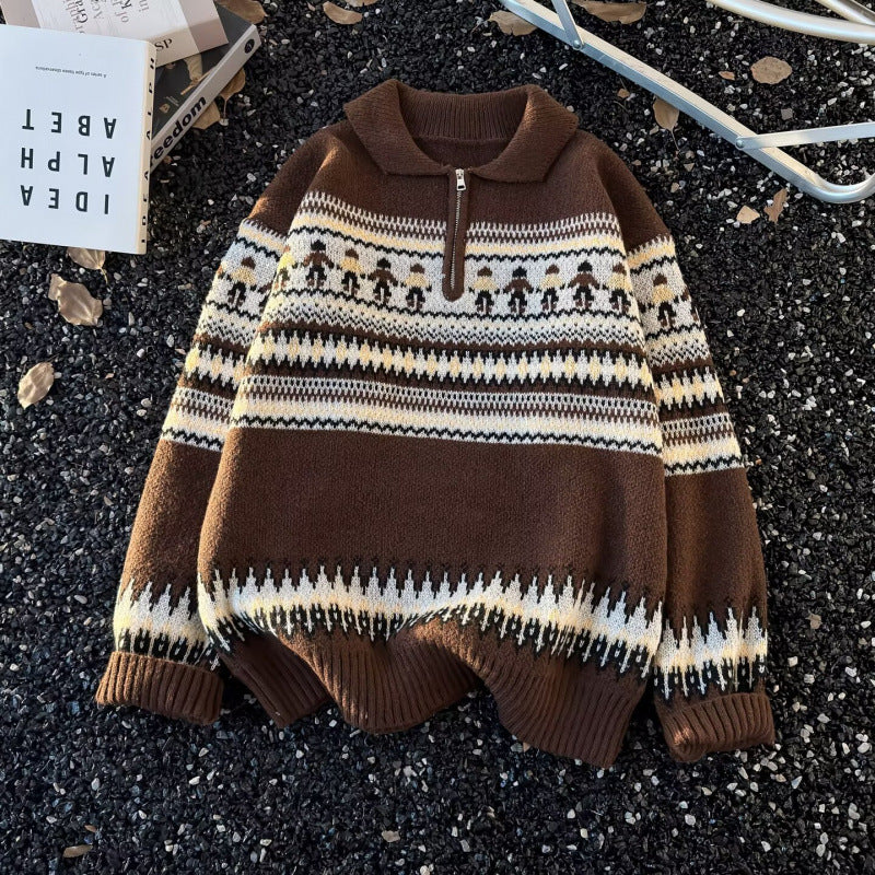 Damen Jacquard-Halbzip-Pullover mit Polokragen und Norweger‑Intarsie Chichicherry