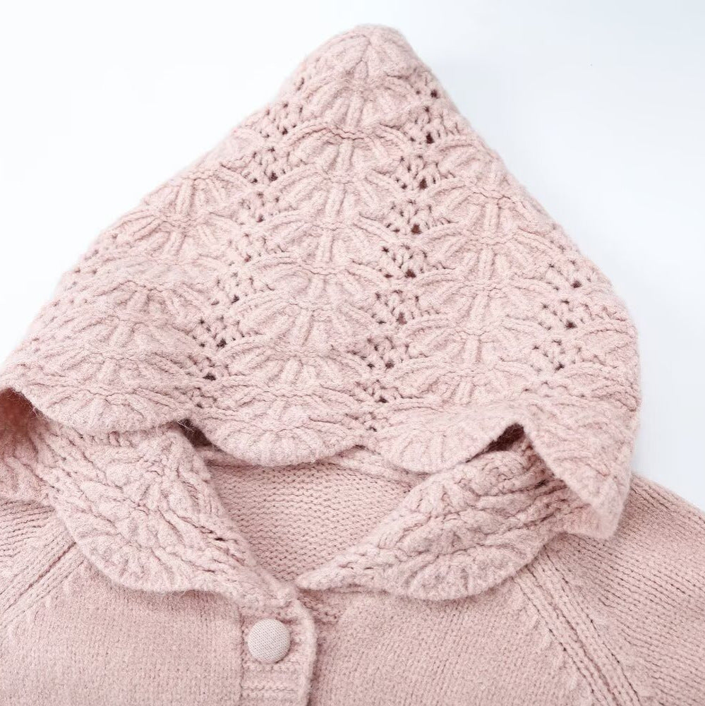 Women's fine knit cardigan with hood, button placket and crocheted trim Chichicherry
