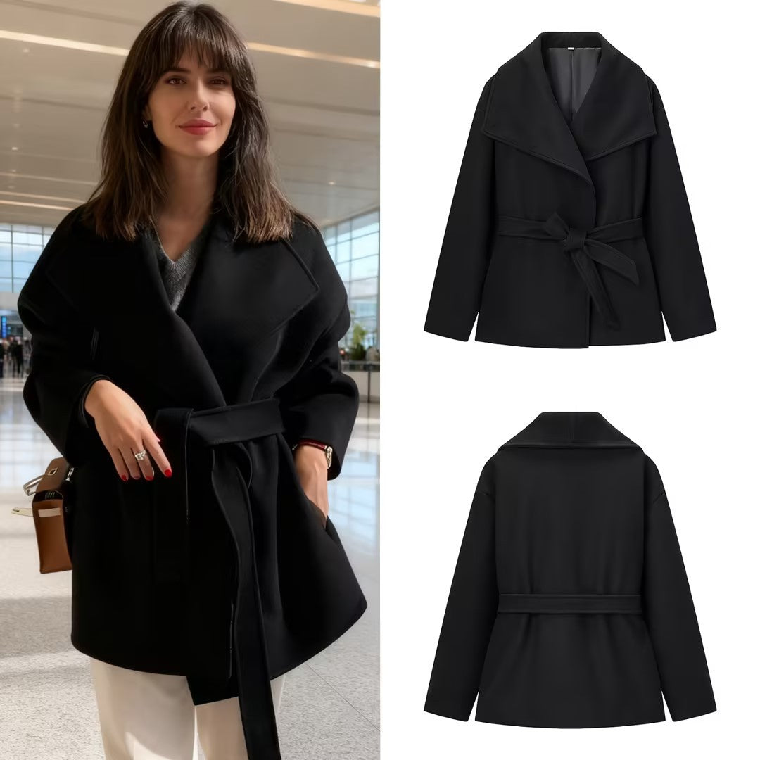 Women's Short Wool Blend Coat with Wide Shawl Collar and Waist Belt Chichicherry