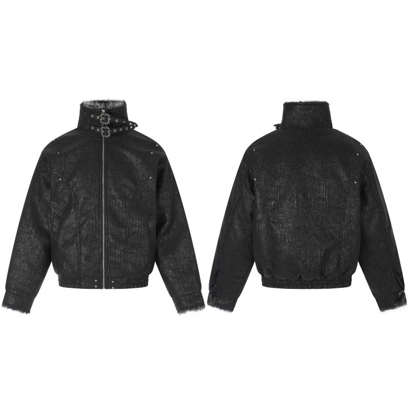 Men's Short Biker-Inspired Faux Leather Bomber Jacket with Studs, Double Buckle Collar and Teddy Lining Chichicherry