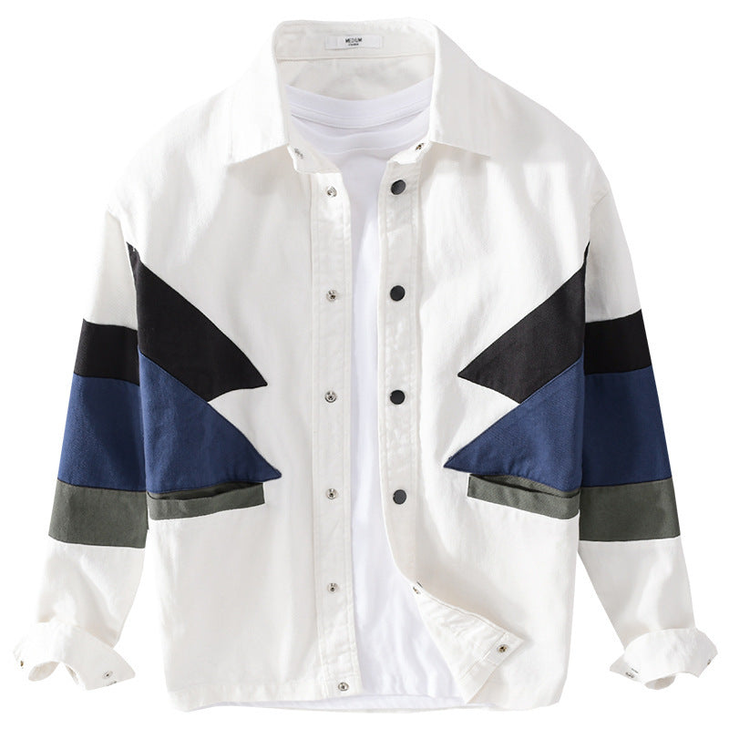 Men's Cotton Overshirt in Layering Style with Geometric Colorblock Inserts and Snap Button Placket Chichicherry