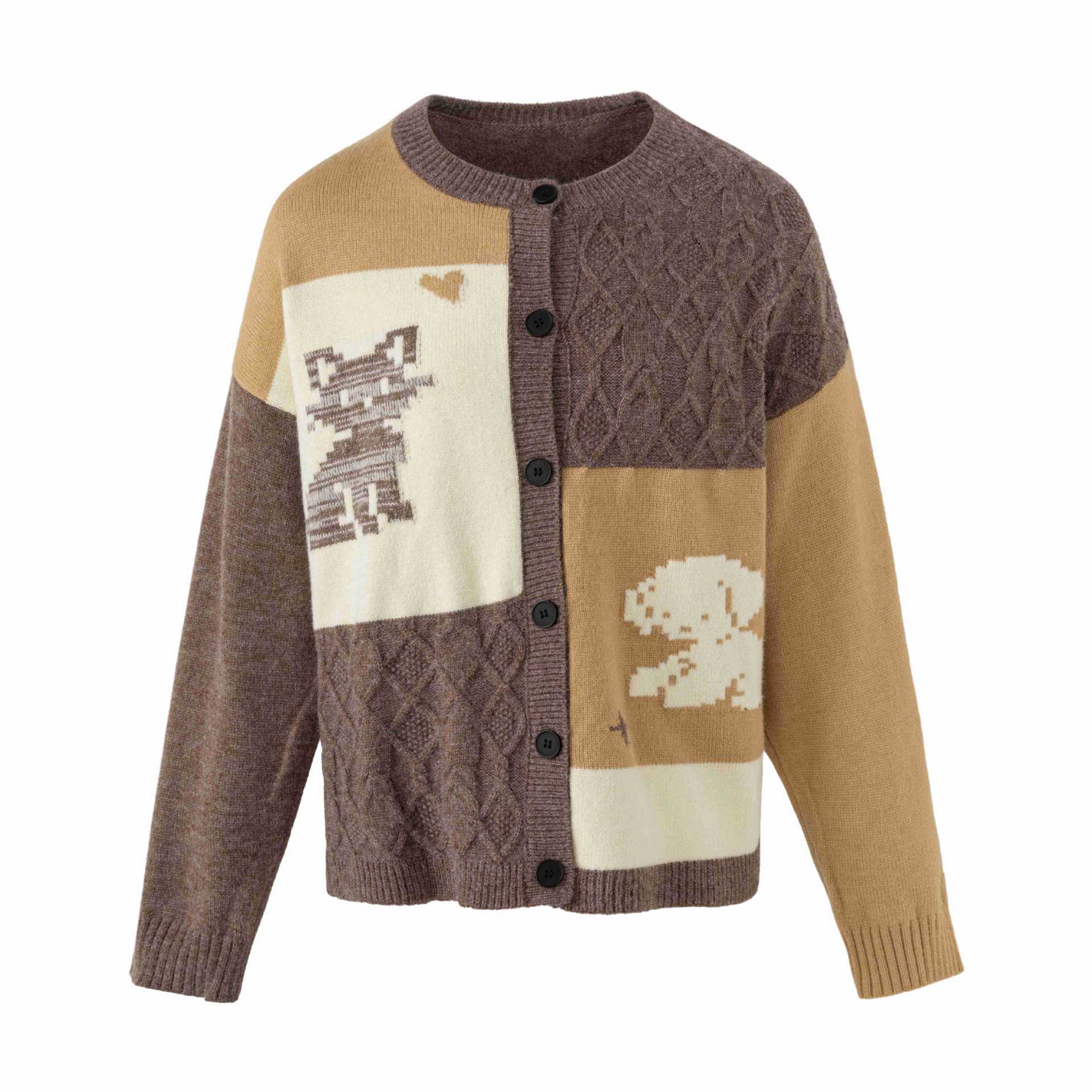 Women's knitted cardigan in patchwork look with cable pattern and round neckline Chichicherry