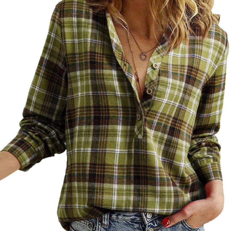 Women’s check blouse in oversized look with V-neck, button placket, and rounded hem Chichicherry