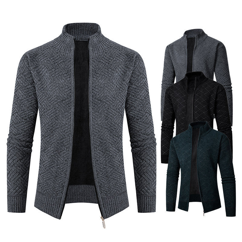 Men's Thermal Knit Jacket with Full Zip, Lined Stand-Up Collar and Geometric Structure Pattern Chichicherry