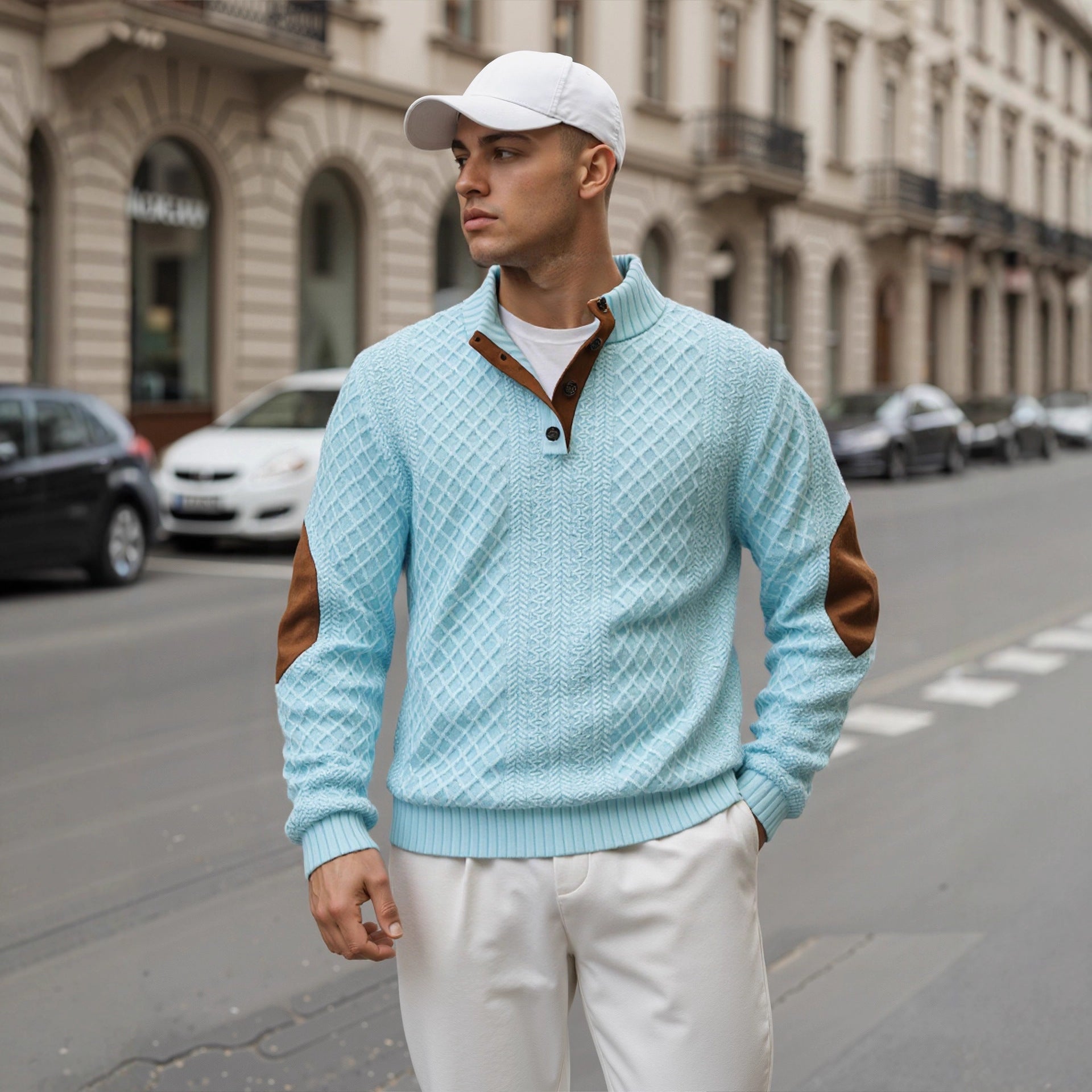 Men's troyer sweater with stand-up collar, structured knit look and contrast elbow patches Chichicherry