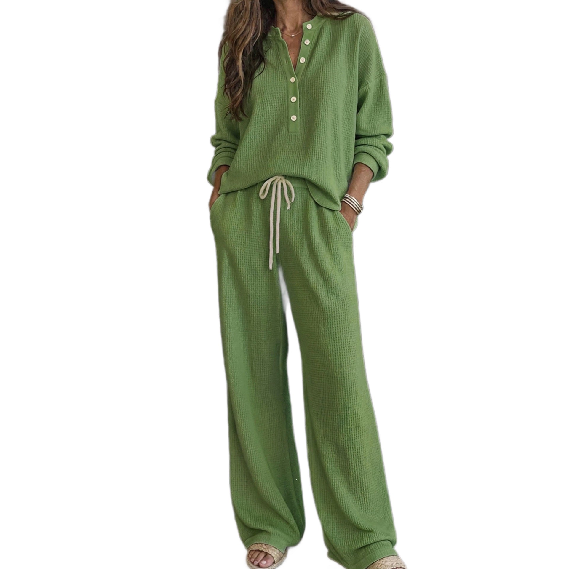 Damen Waffelstrick-Loungewear-Set mit Henley-Oberteil, Kordelbund und weiter Palazzo-Hose Chichicherry
