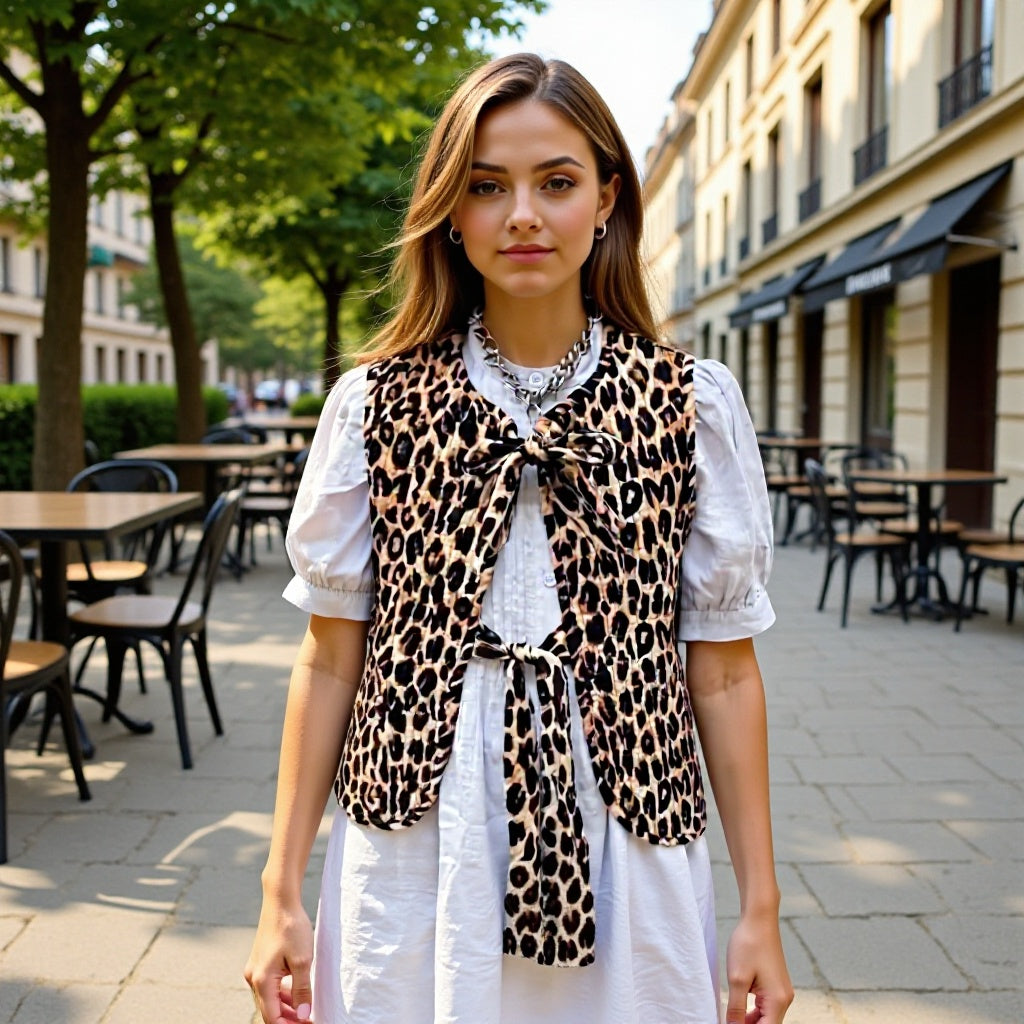 Women's sleeveless chiffon blouse with leopard print and double bow front Chichicherry