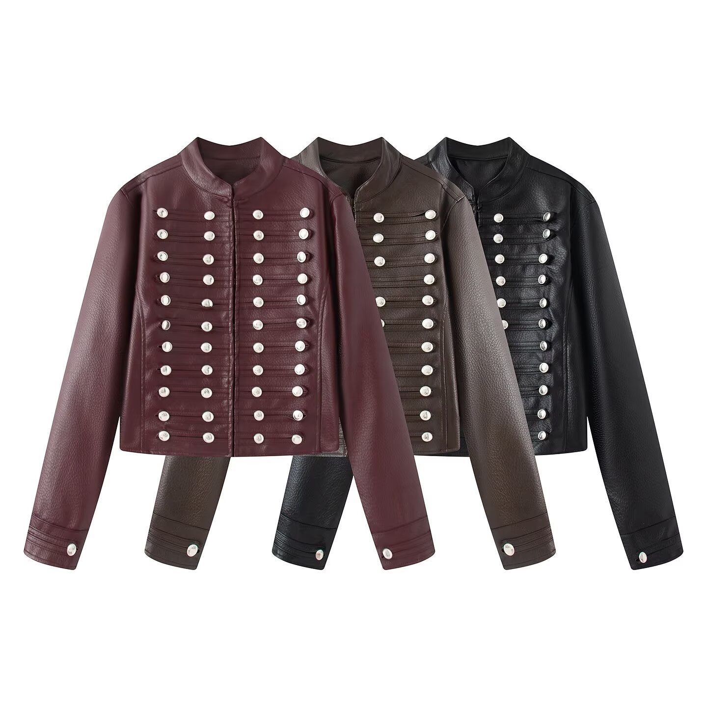 Women's short jacket in hussar style made of faux leather with decorative row buttons Chichicherry