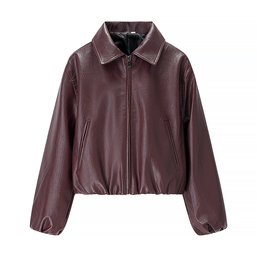 Women short cut leather imitation blouson with zipper and elastic hem Chichicherry
