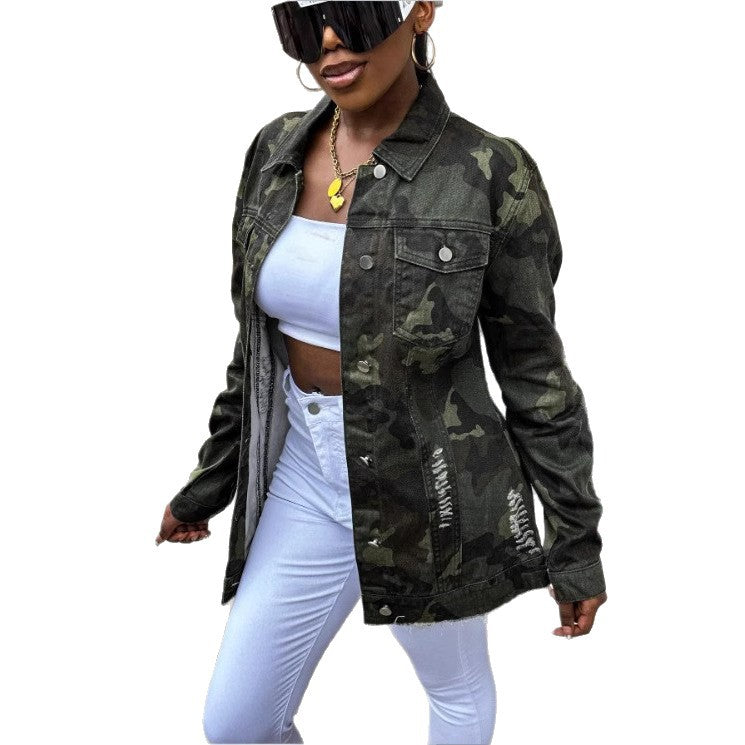 Women Oversize Camouflage Denim Jacket in Extended Cut with Frayed Hem Chichicherry