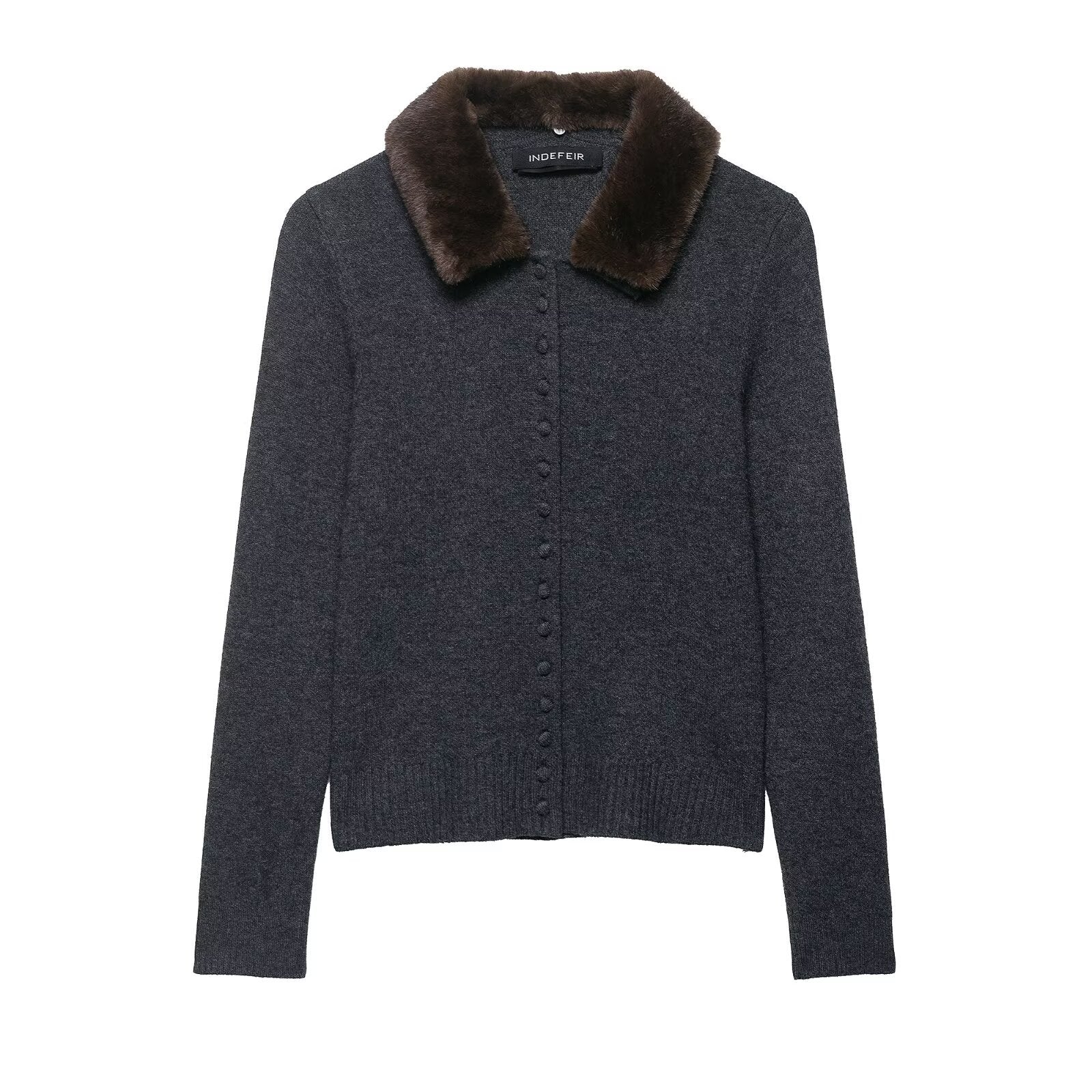 Women's fine-knit cardigan with faux fur collar and concealed button placket Chichicherry