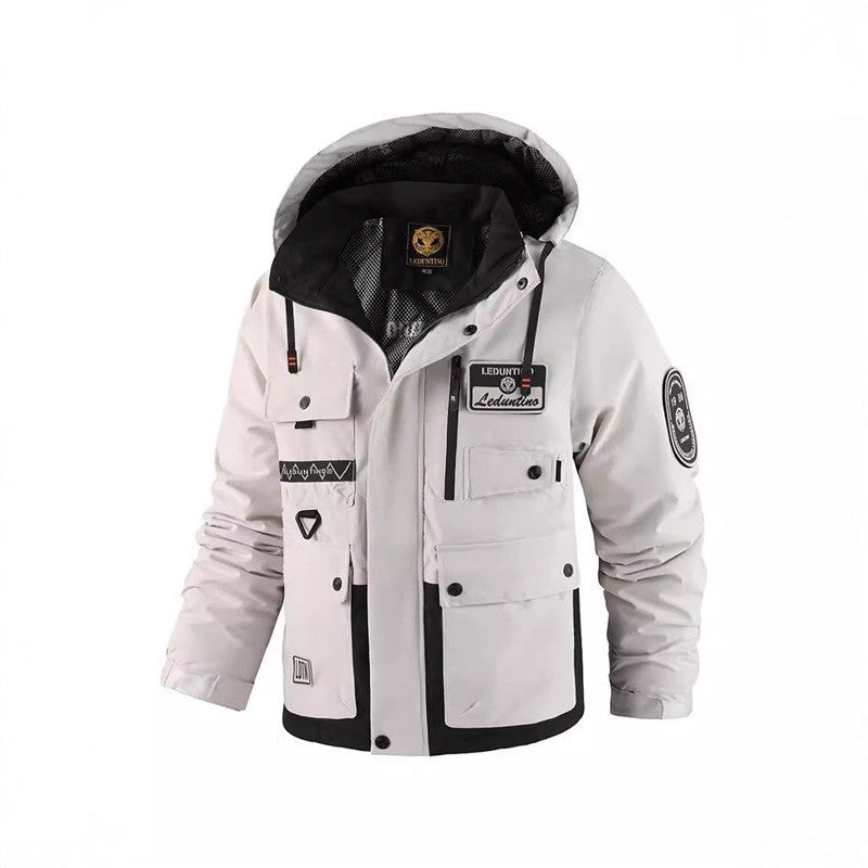 Men's multifunctional field jacket with hood and multi pockets, weatherproof softshell utility jacket Chichicherry