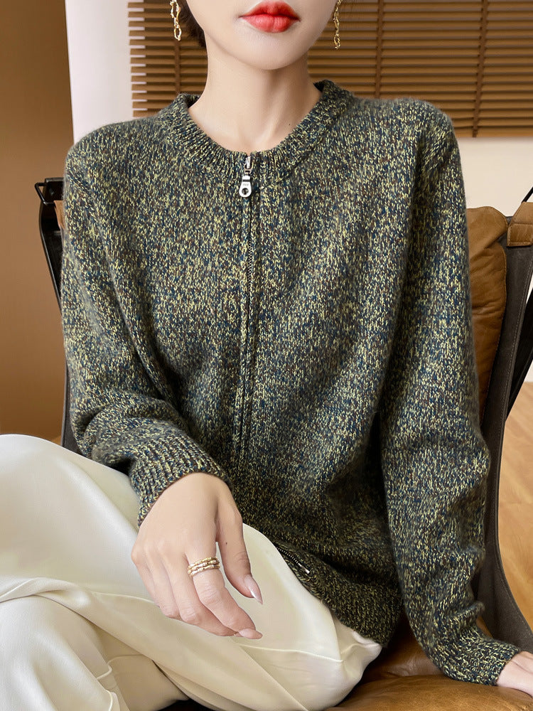 Women Mélange Zip Cardigan with Two-Way Zipper and Ribbed Cuffs Chichicherry