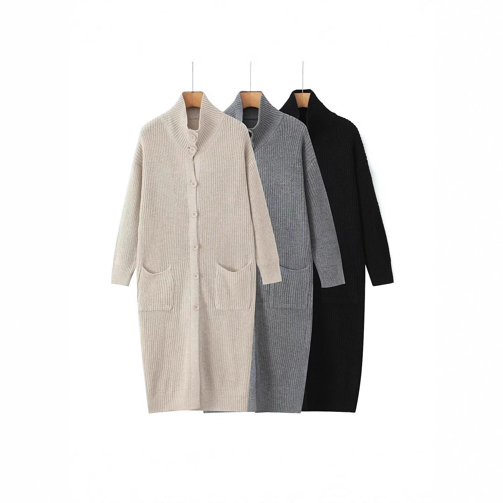 Women Long Chunky Knit Cardigan with Shawl Collar, Button Placket and Patch Pockets Chichicherry