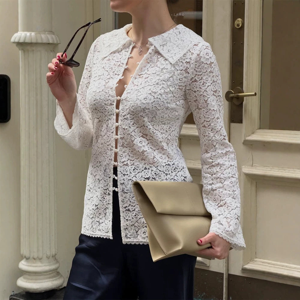 Women's lace blouse with floral lace, shirt collar and fabric ball button placket Chichicherry
