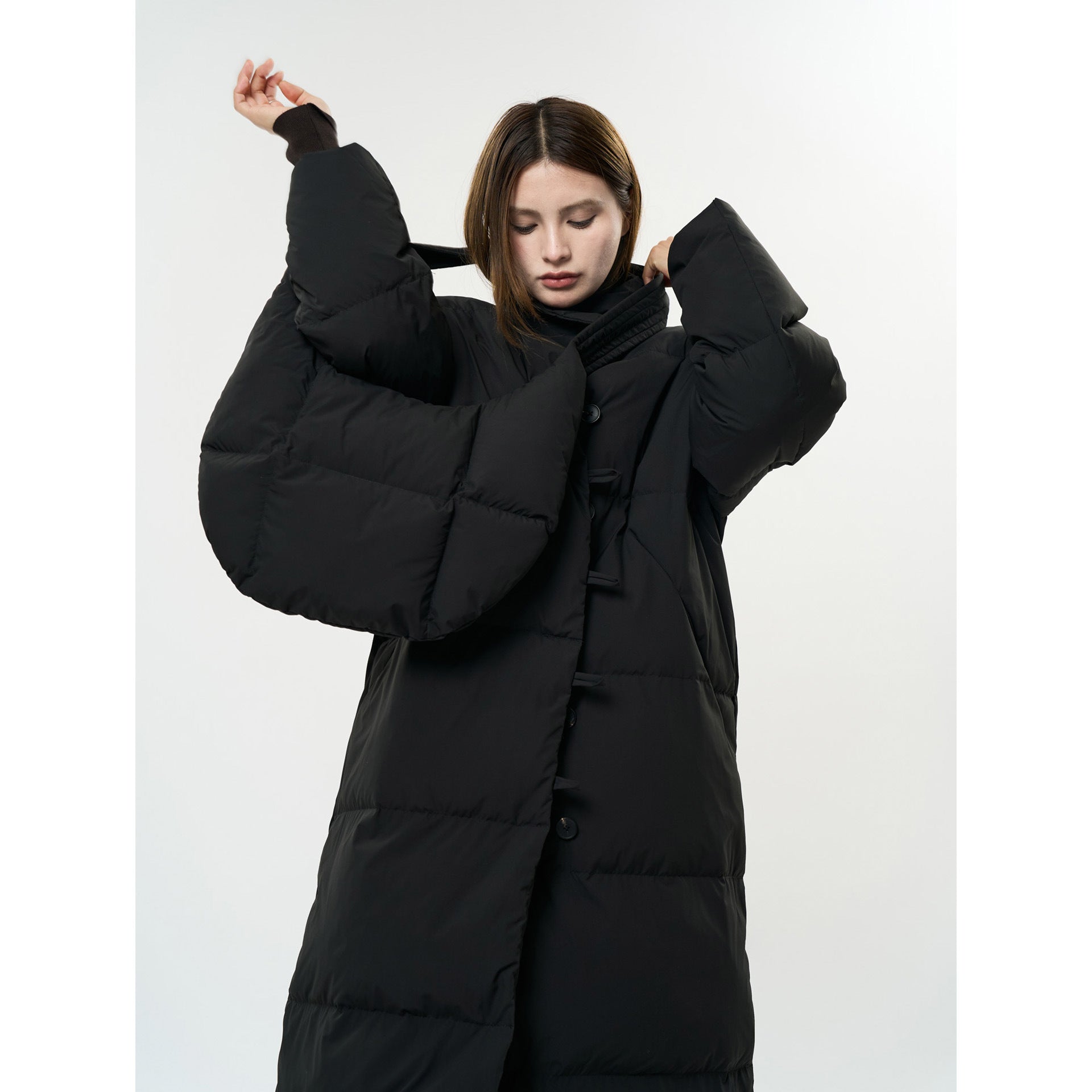 Women's Longer Quilted Down Look Coat with High Stand-Up Collar and Button Toggle Closure Chichicherry