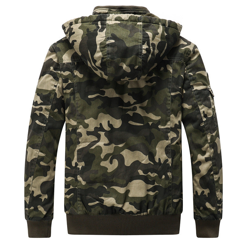 Men's Hooded Camouflage Field Jacket with Teddy Lining, Multiple Pockets and Ribbed Cuffs Chichicherry