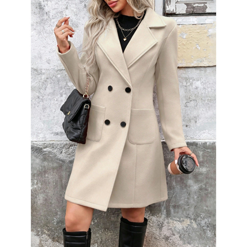 Women's Mid-Length Double-Breasted Wool Blend Coat with Fitted Waist and Flap Pockets