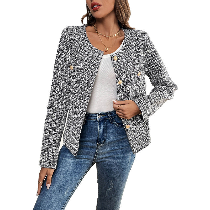 Women's short blazer in bouclé tweed with round neckline & golden decorative buttons Chichicherry