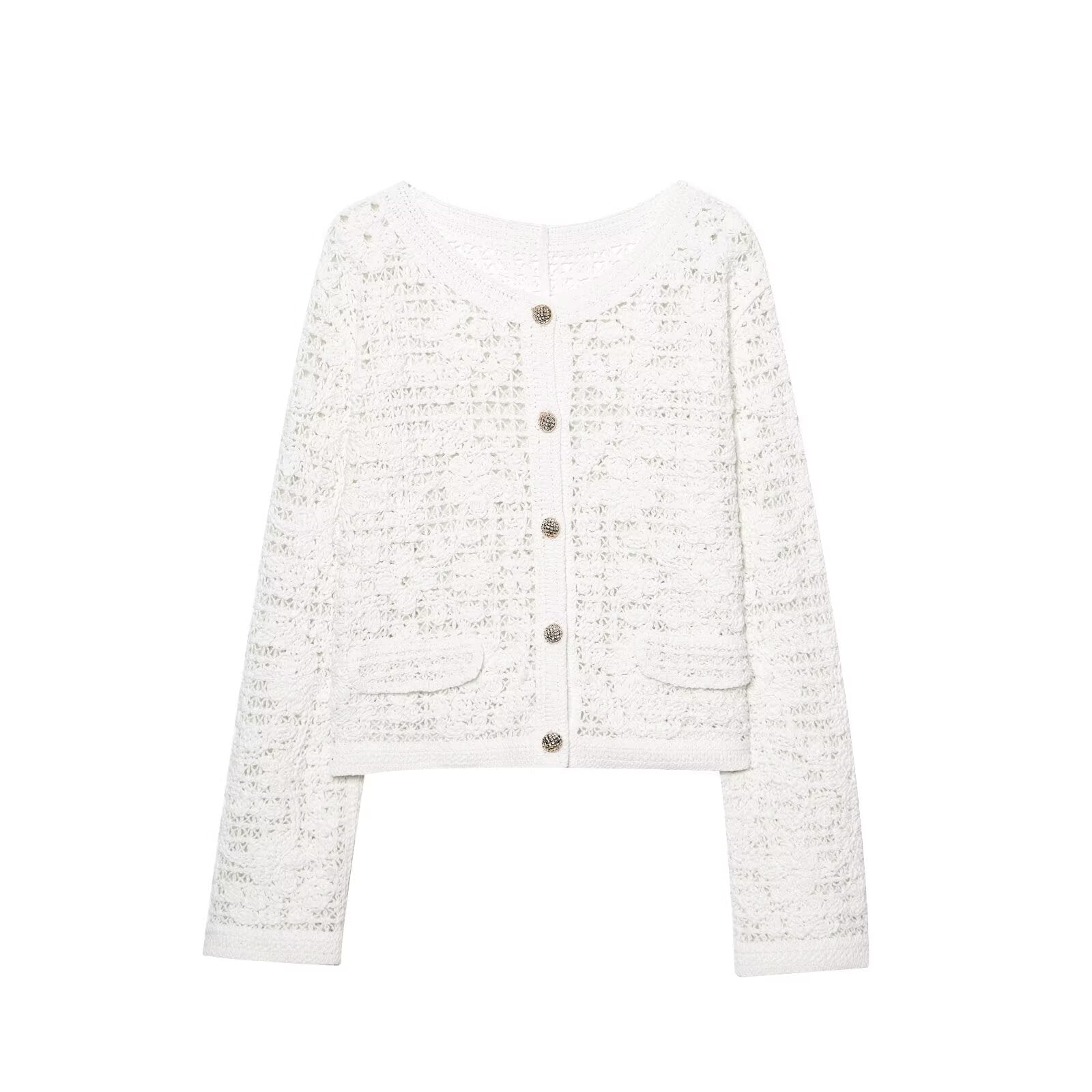 Women's Crocheted Short Jacket in Boucle Look with Decorative Buttons and Patch Pockets Chichicherry