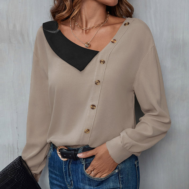 Women's Asymmetric Chiffon Blouse with Contrast Pointed Collar and Side Button Placket Chichicherry