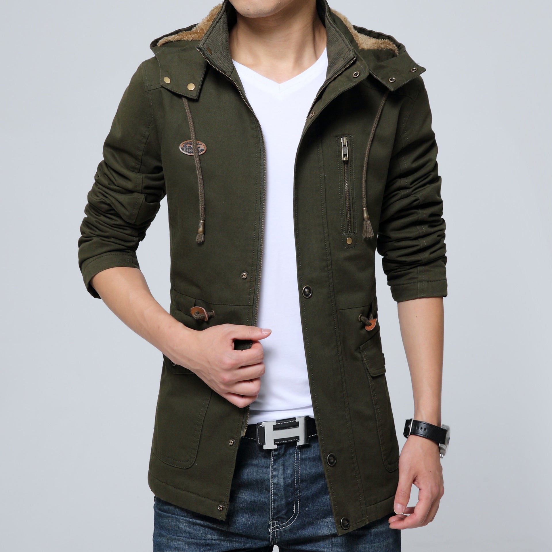 Men's lightweight utility parka with hood, teddy lining in collar and vertical zip pocket Chichicherry