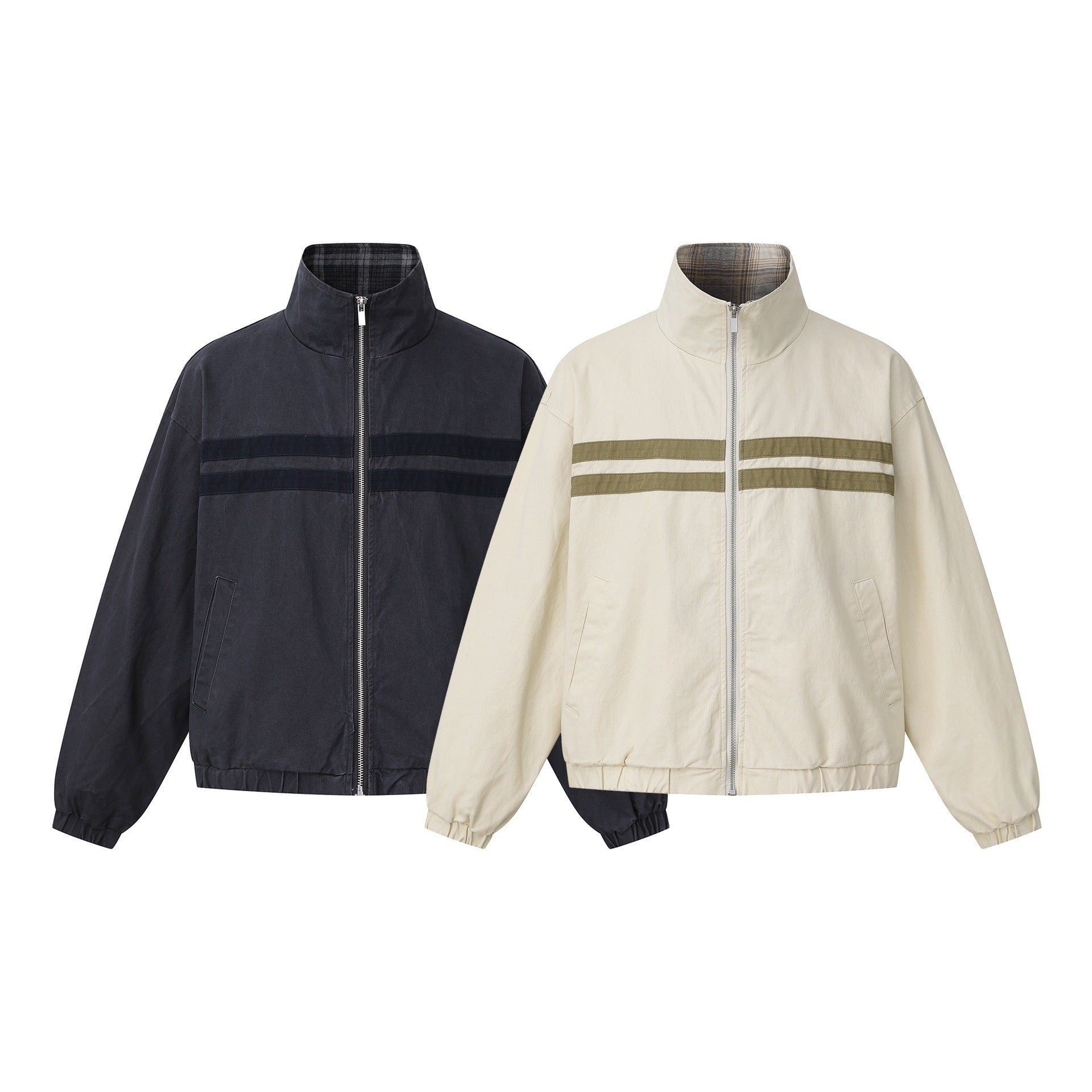 Unisex Short Cut Boxy Blouson Jacket with Stand-Up Collar and Horizontal Chest Piping Chichicherry