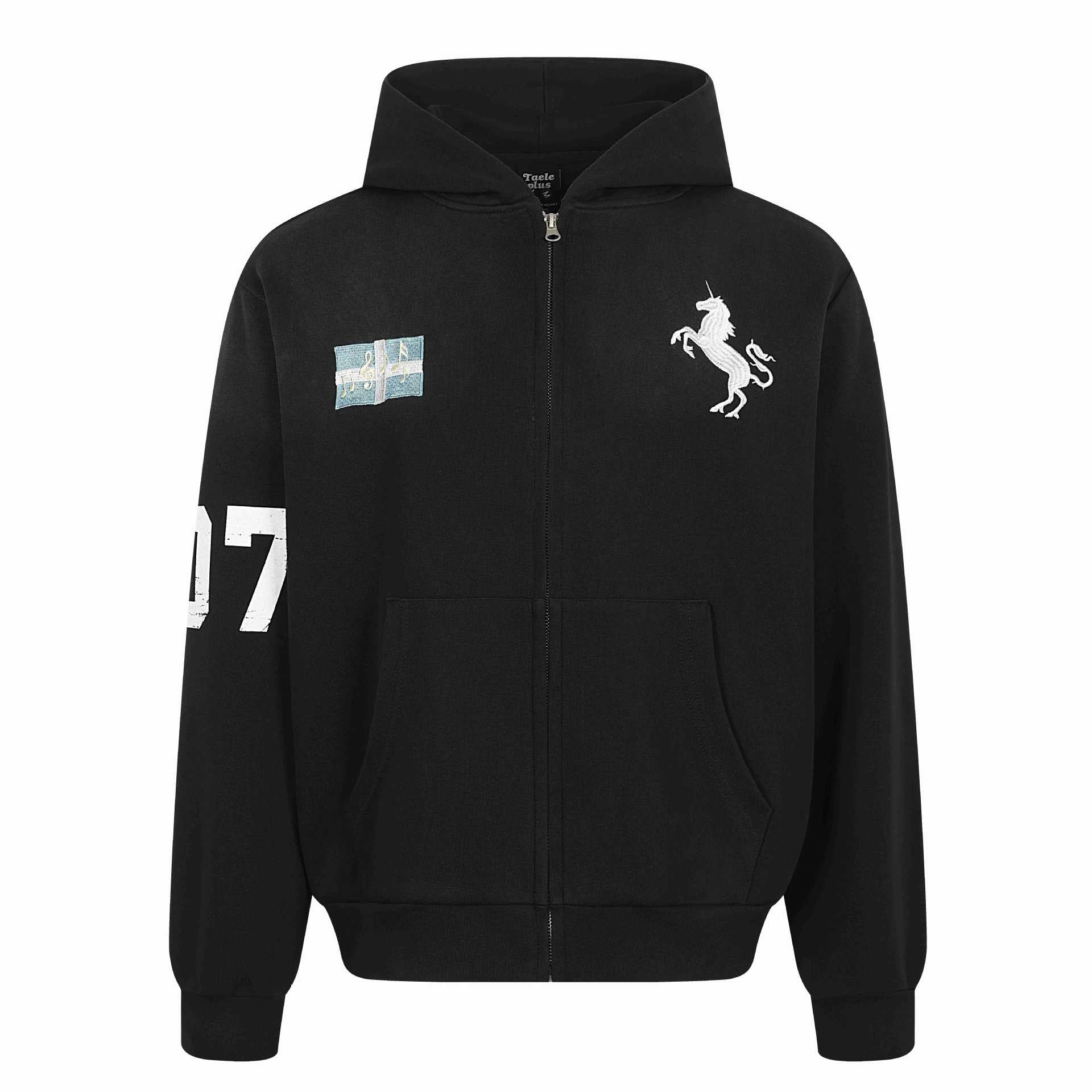 Women's zip hoodie with embroidered unicorn motif and music patch Chichicherry