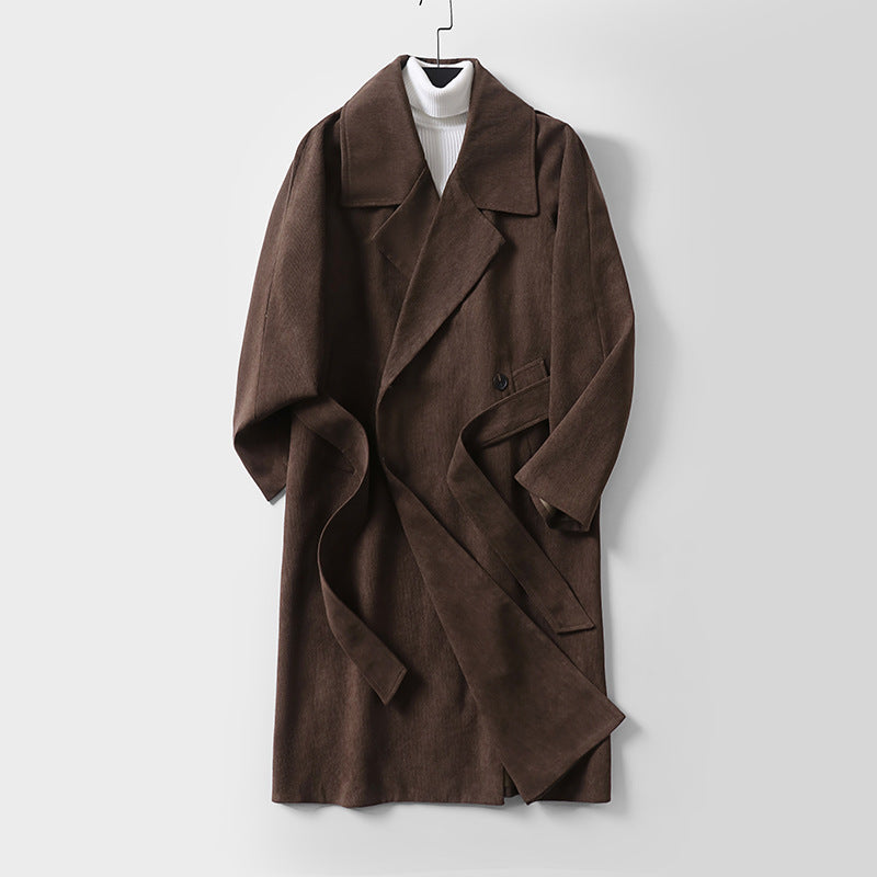 Men's Long Wool Coat with Tie Belt and Wide Lapels Chichicherry