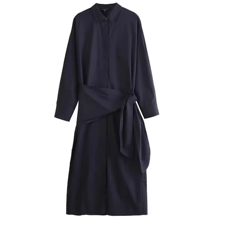 Women Oversized Button-Down Dress with Side Knot Belt and Midi Length Chichicherry