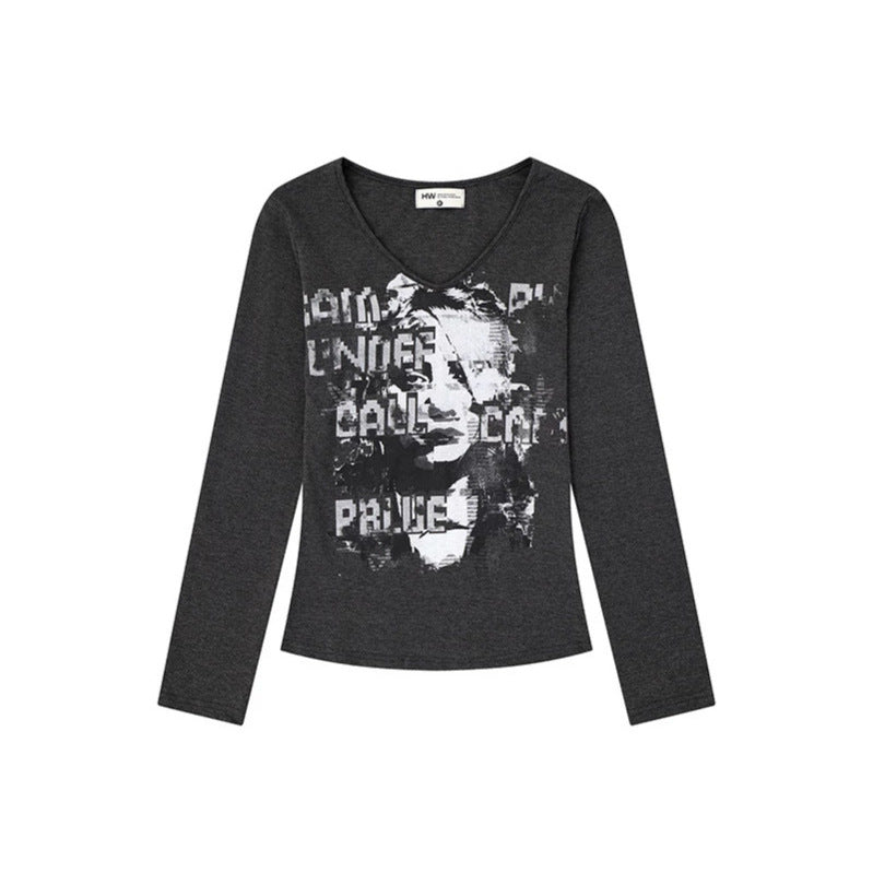 Women's Long Sleeve Shirt with Vintage Photo Print and Round Neckline Chichicherry