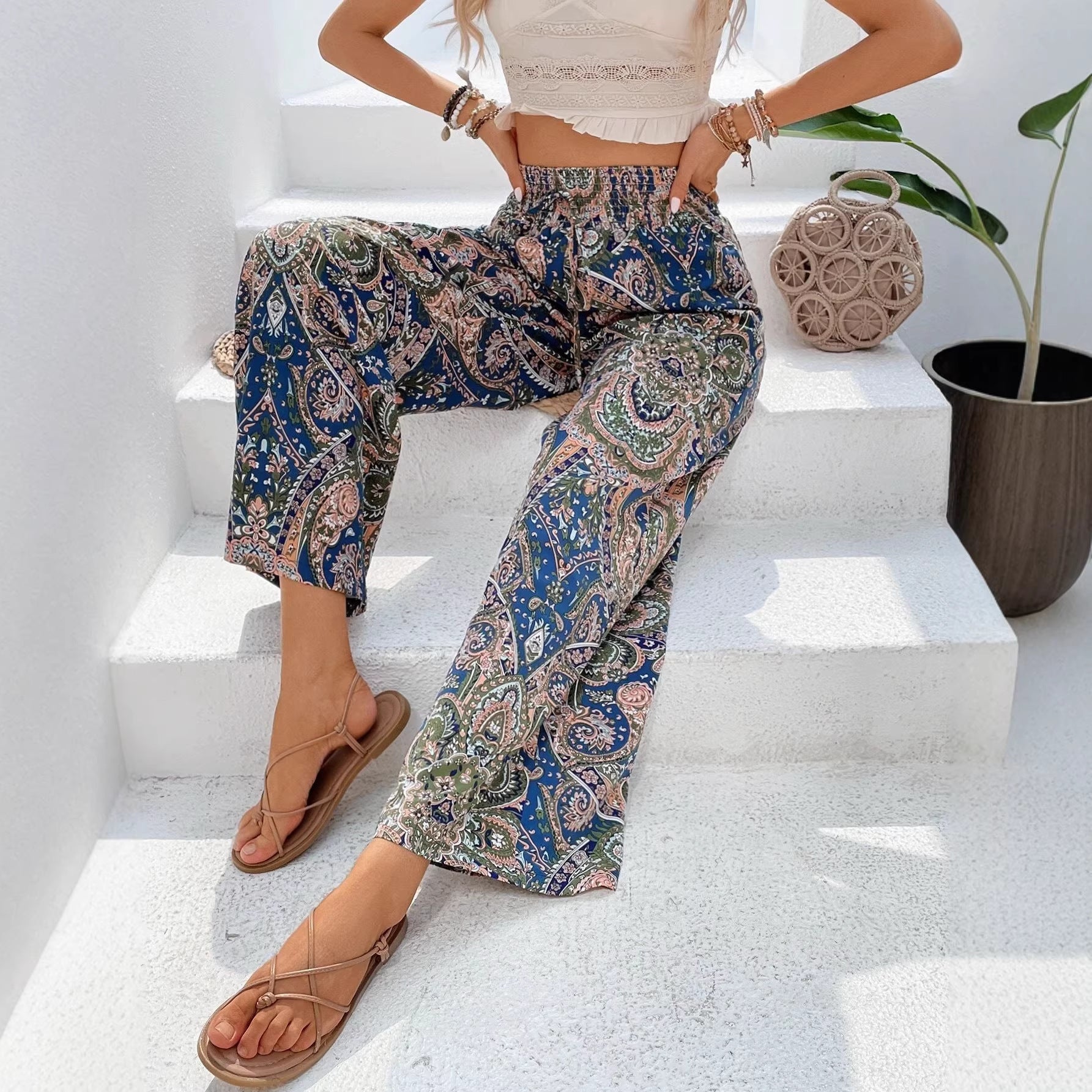 Ladies wide summer trousers in linen look with elastic waistband and paisley print Chichicherry