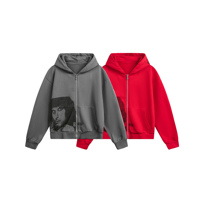 Unisex hooded zip jacket in boxy cut with large portrait print Chichicherry