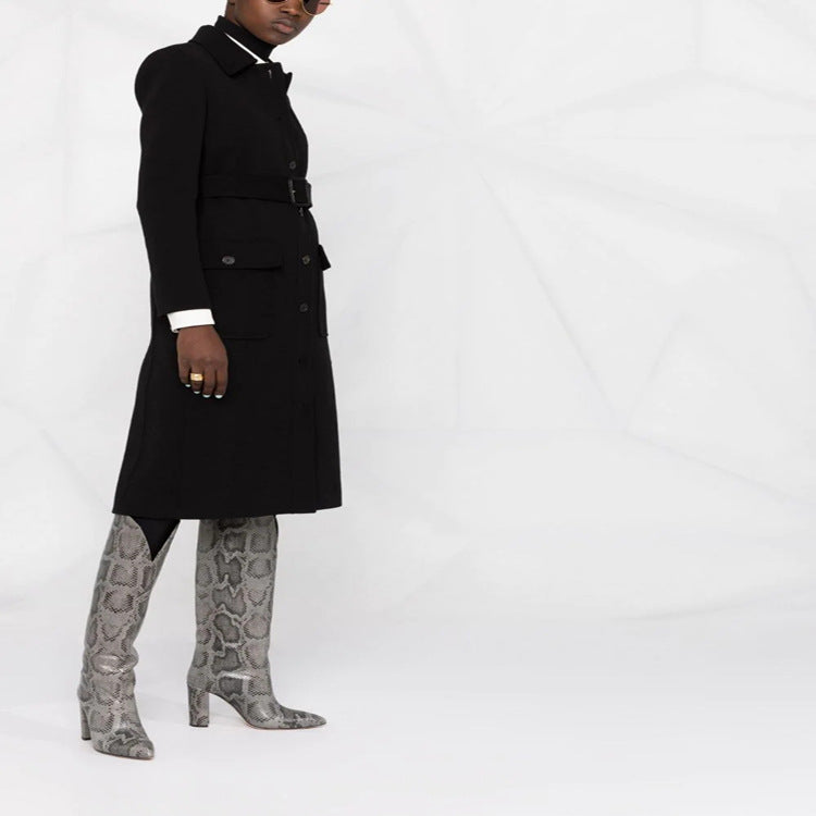 Women Tailored Midi Coat with Belt and Flap Pockets Chichicherry