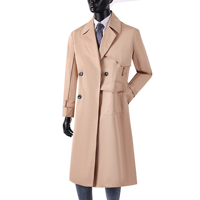 Men's long coat in trench coat style with storm flap, asymmetrical pockets and classic lapel Chichicherry