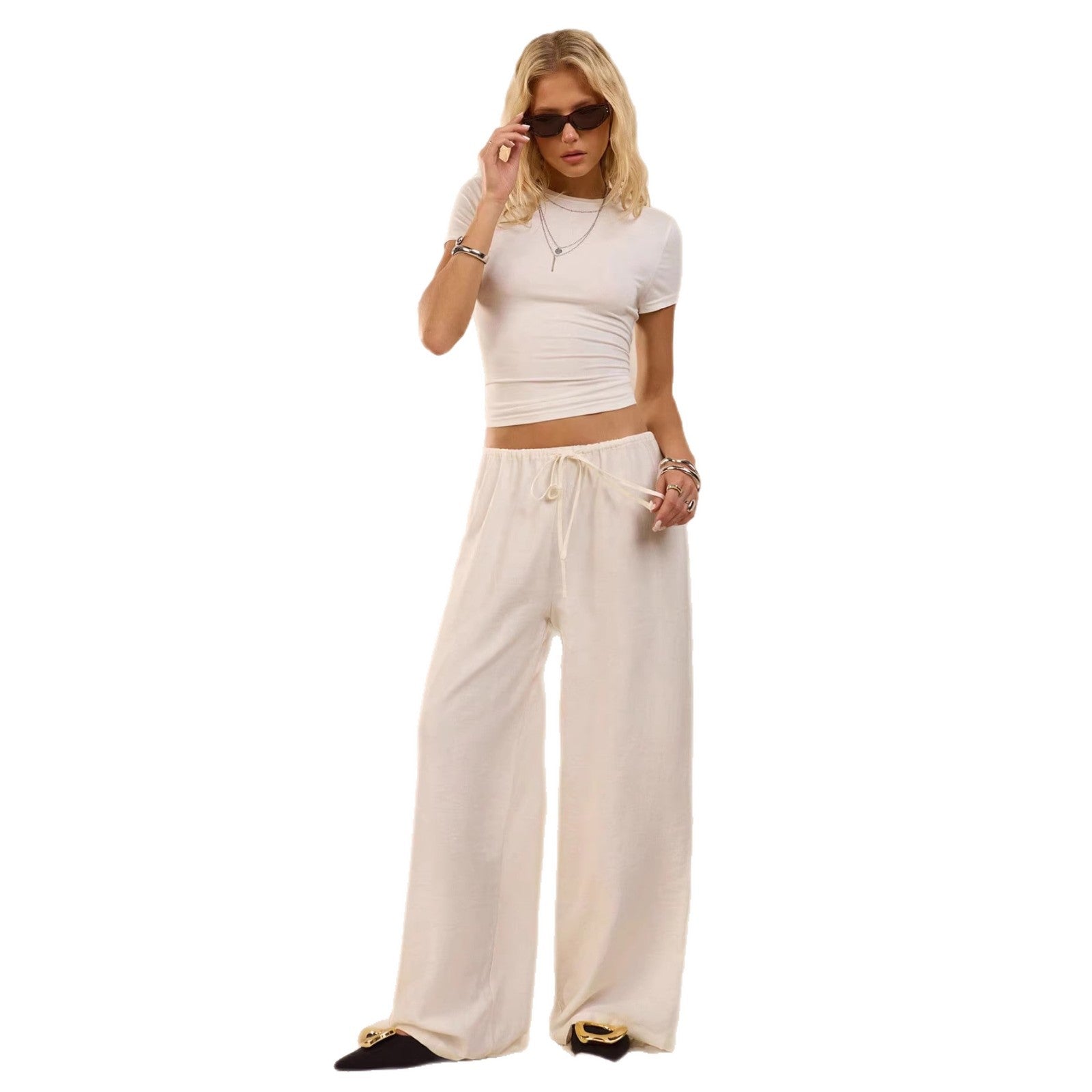 Ladies Wide Relax Pants made of Viscose-Linen Blend with Elastic Waistband and Drawstring Chichicherry