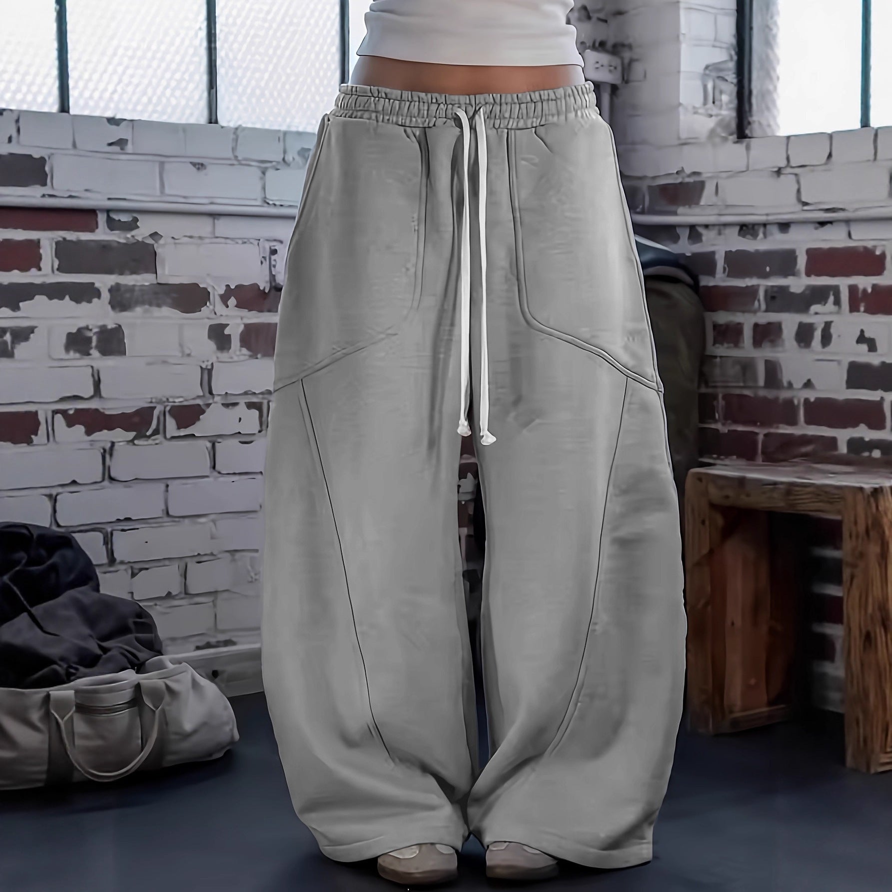 Women Extra Wide Lounge Jogging Pants with High Waist, Drawstring & Shaped Knee Panels Chichicherry