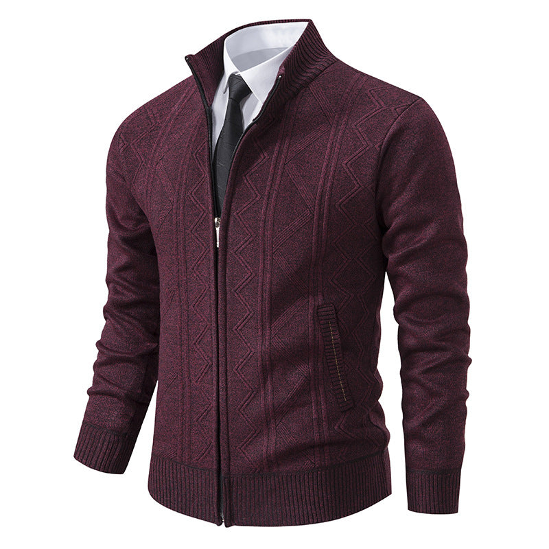 Men's Structured Fine Knit Zip Cardigan with Stand-Up Collar and Geometric Cable Pattern Chichicherry